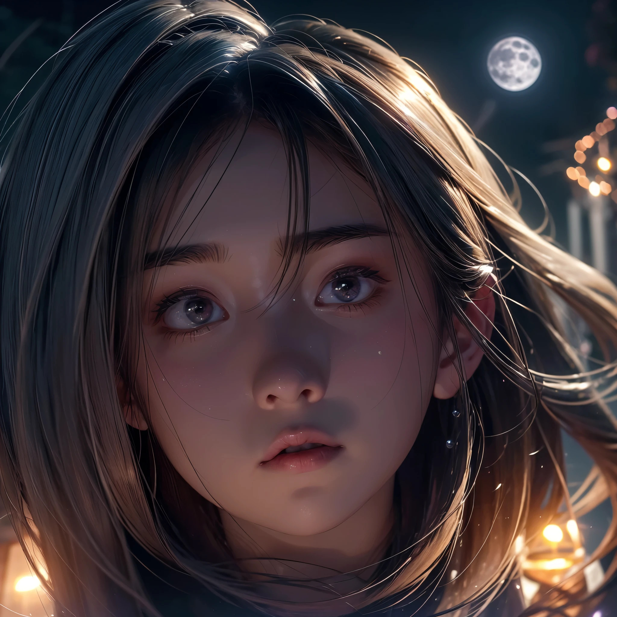 masterpiece, best quality, extremely detailed CG unity 8k wallpaper, Full moon in the night sky, The moonlight is shining, 1couple, Is making a confession of love, bokeh photography, (soft focus):1.2, out-of-focus highlights, dreamy ambiance, glowing circles, mesmerizing depth, Depth of subject, Heart effect