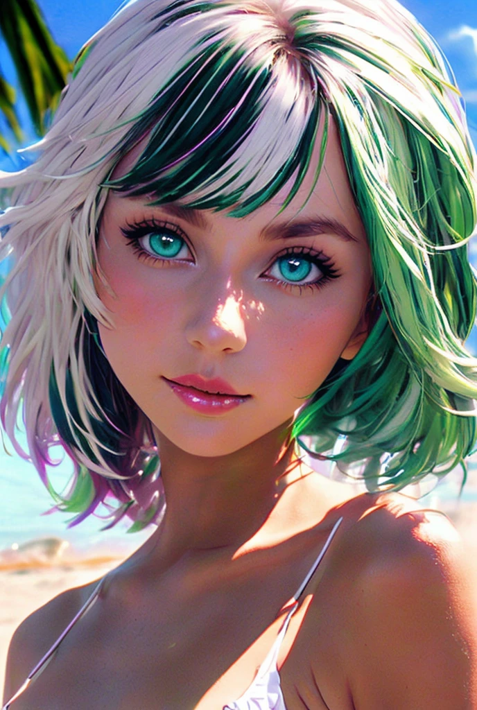 woman、The right half is green and the left half is white.、Blue Eyes、White frilly bikini、summer、beach、(split-color hair, green hair, white hair:1.3)