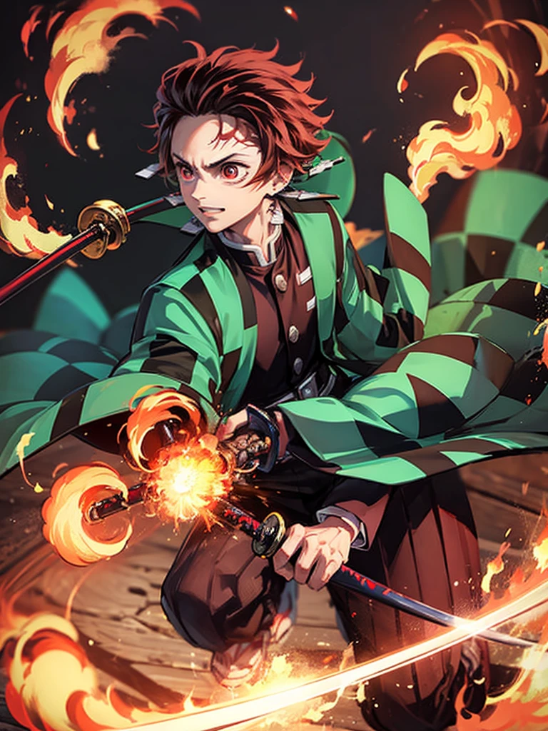 Boy (Tanjiro) using sword, fire coming from sword, happy look, 