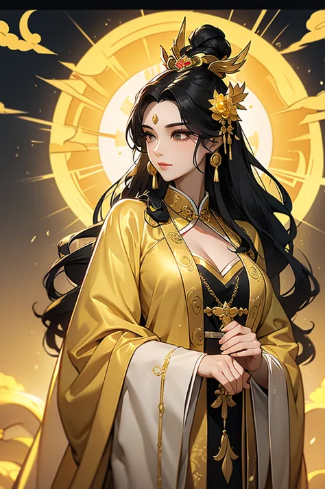 black hair, immortal, beauty, royal sister, stepmother, gold yellow taoist robe, golden phoenix coronet, hair bunch,  big ,matur...