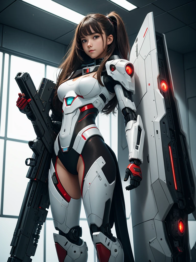 1 teenage girl. Beautiful teenage girl. 12 years old. Beautiful futuristic naked mecha girl army. White skin. Futuristic army base. Brown hair. Red sexy mecha suit with cleavage. No pants. No bra. No underwear. Exposing her breast and nipples. Futuristic jetpack. Red eye. Flat chest. Holding a futuristic riffle gun. Red energy light. Beautiful teenage face. Standing pose. Smile