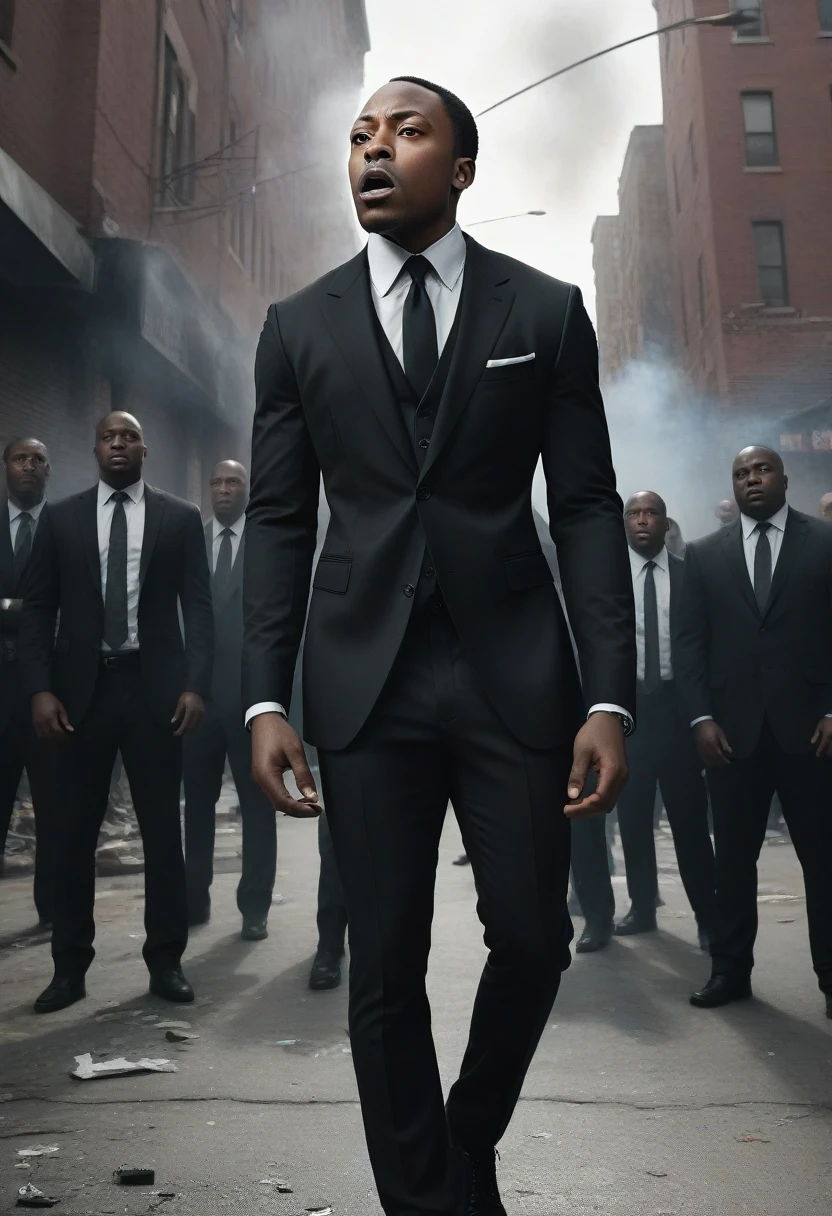 Capture a lean, shawt , diminutive African-American man in a sleek, tailored black suit, standing defiantly at the epicenter of a chaotic urban riot. He's passionately rapping, his words cutting through the mayhem. Hyper-realistic style: sharp details, dramatic lighting, intense expressions, and palpable tension.