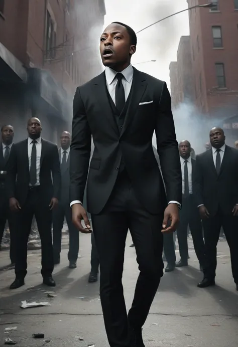 capture a lean, shawt , diminutive african-american man in a sleek, tailored black suit, standing defiantly at the epicenter of ...