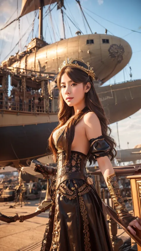 a beautiful young thai-russia idol girl in elaborate steampunk attire stands confidently with a vintage airship as a backdrop. s...