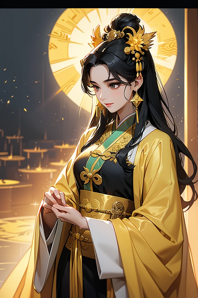 Black Hair, Immortal, Beauty, Royal sister, Stepmother, Gold Yellow Taoist robe, Golden Phoenix Coronet, Hair Bunch , Mature Woman，Sunshine