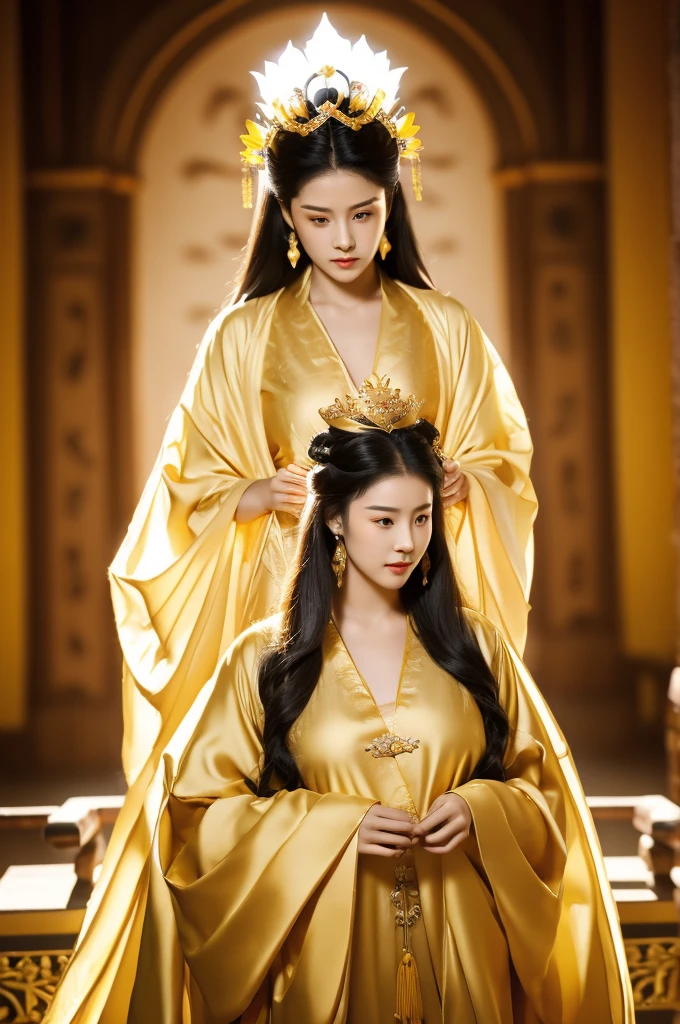 Black Hair, Immortal, Beauty, Royal sister, Stepmother, Gold Yellow Taoist robe, Golden Phoenix Coronet, Hair Bunch, Big Breasts , Mature Woman，Sunshine