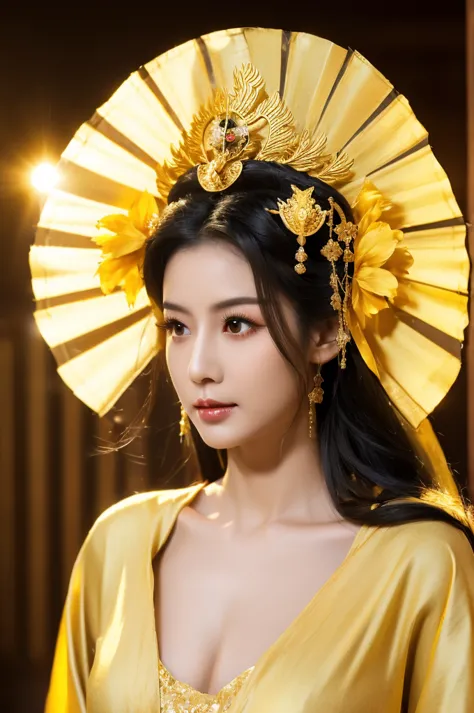 black hair, immortal, beauty, royal sister, stepmother, gold yellow taoist robe, golden phoenix coronet, hair bunch, big breasts...