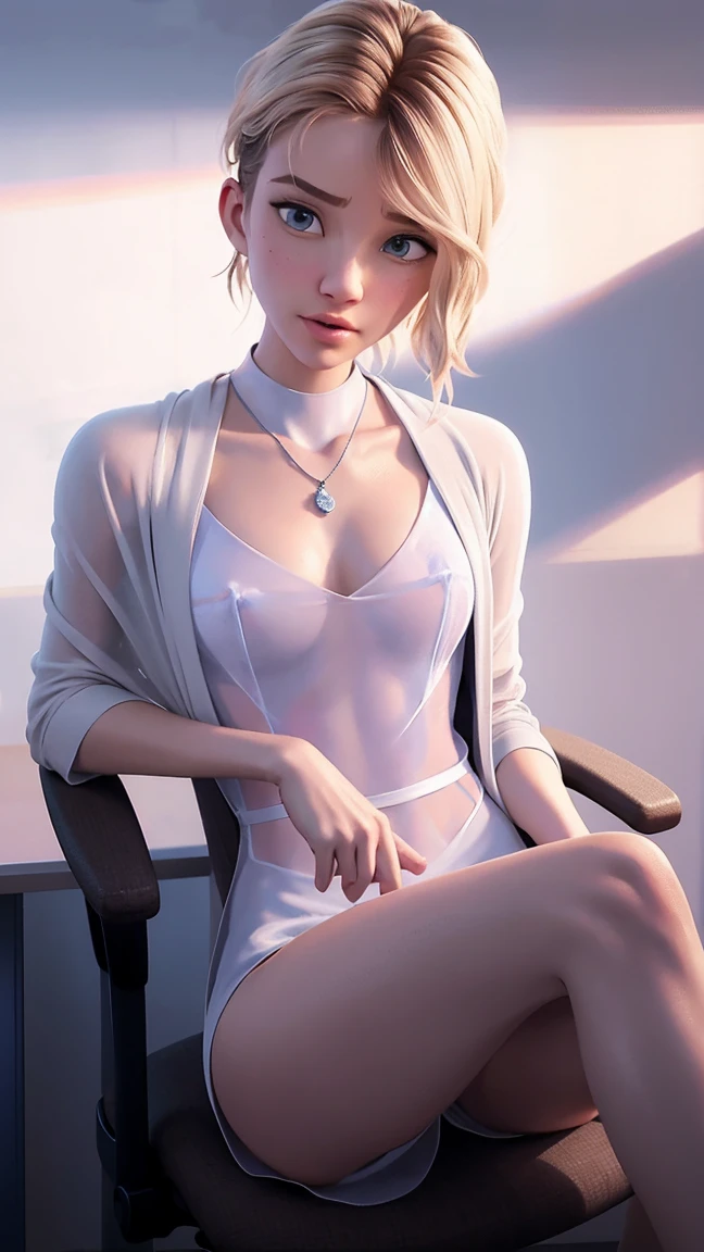 neckleace, [soft ambient light],Background of a desk,(Beautiful One Girl),SCWEN, (secretary of 20 years)) [short-hair] ((very muscular)) [Scrawny],(Selfie) etching [sweaty],[details face],(Beautiful skin expression [transparency]),(More about beautiful skin),[Realistic papilla details],[Physical details],(Physical details realistas),Eros no Corpo Natural,[ideal anatomy],[Desaturation],(high qualiy),(high resolution),((smallboobs)),(((open coat, Transparent robe))),removing her clothes, lingerie, pantyhose,  sitting, office chair, ((legs spread open)) legs spread open , sensuous