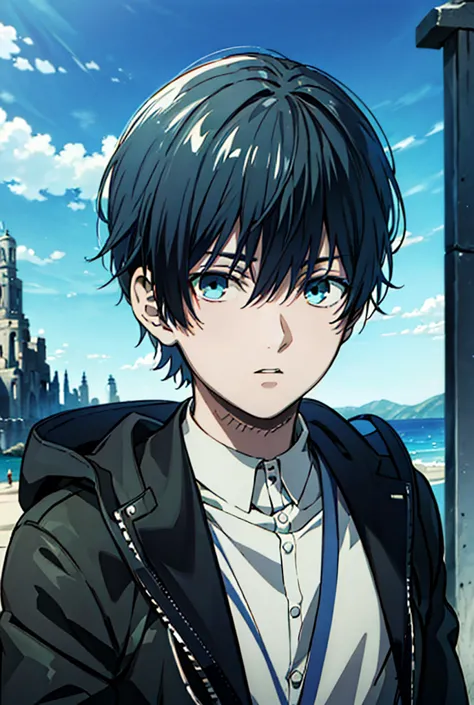 ((best quality)), ((masterpiece)), (ultra-detailed), perfect face, blue sky, boy, solo, black eyes, black hair, black coat, adve...