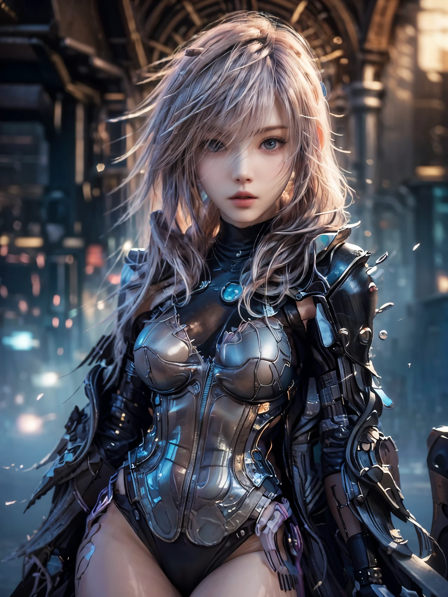 masterpiece, best quality, extremely detailed CG unity 8k wallpaper, Cool woman, Black detailed cyberpunk long coat, The background is a realistic cityscape, Anatomical Hand, Realistic texture, bokeh photography, (soft focus):1.2, out-of-focus highlights, dreamy ambiance, glowing circles, mesmerizing depth, Depth of subject