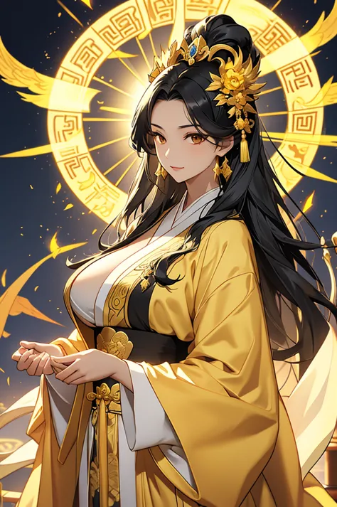 black hair, immortal, beauty, royal sister, stepmother, gold yellow taoist robe, golden phoenix coronet, hair bunch, big breasts...