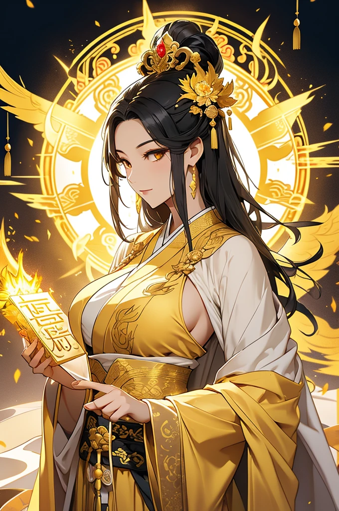 Black Hair, Immortal, Beauty, Royal sister, Stepmother, Gold Yellow Taoist robe, Golden Phoenix Coronet, Hair Bunch, Big Breasts , Mature Woman，Sunshine