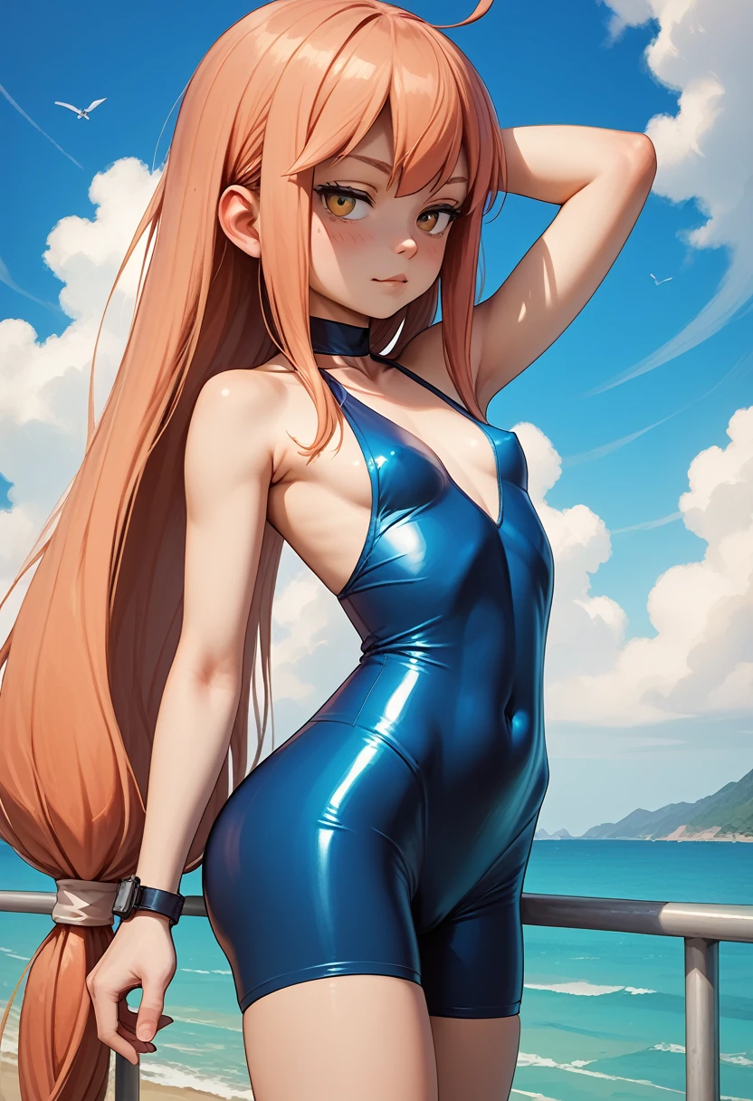 21 years old, tight latex bike shorts, perfect hips, small breasts, very long hair, skinny girl, nekomiyahinata