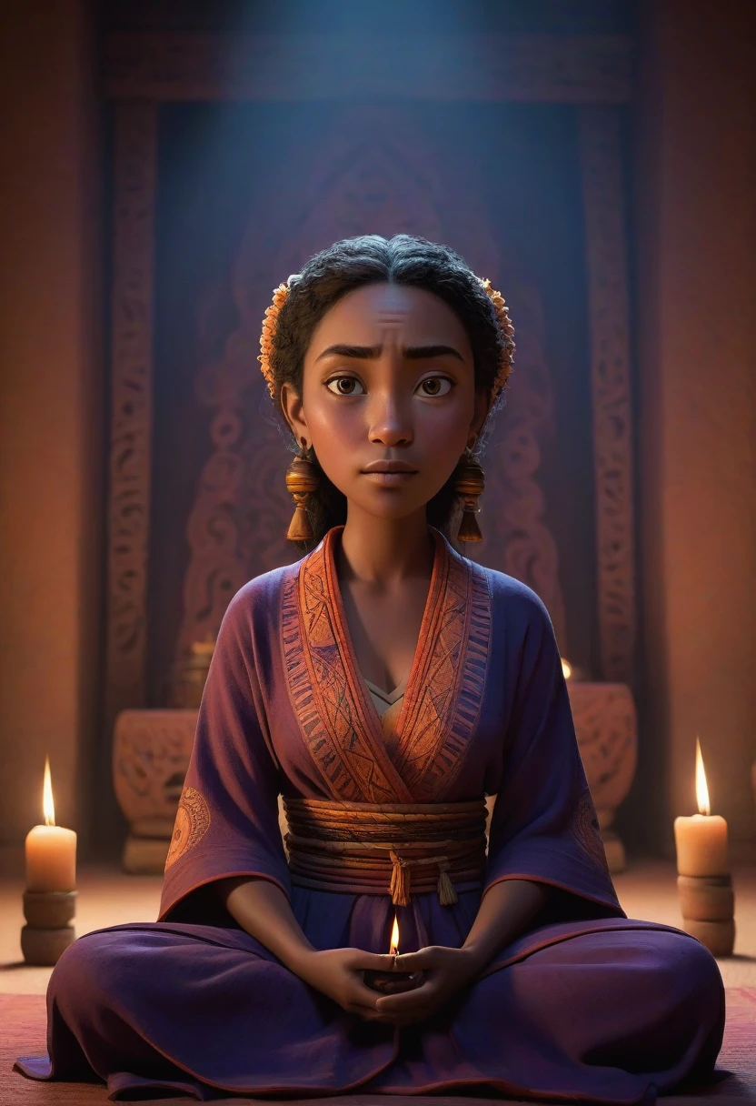 A Pixar-styled ,shawt, meditates serenely in a shadowy chamber, wisps of incense smoke coiling around her vibrant robes. Warm, flickering candlelight bathes the scene, casting dancing shadows on intricate tribal artifacts. Her expression radiates inner peace and ancient wisdom.