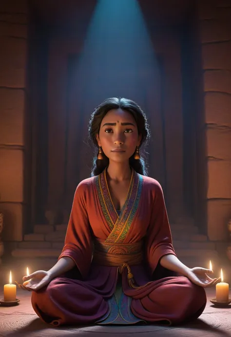 a pixar-styled ,shawt, meditates serenely in a shadowy chamber, wisps of incense smoke coiling around her vibrant robes. warm, f...