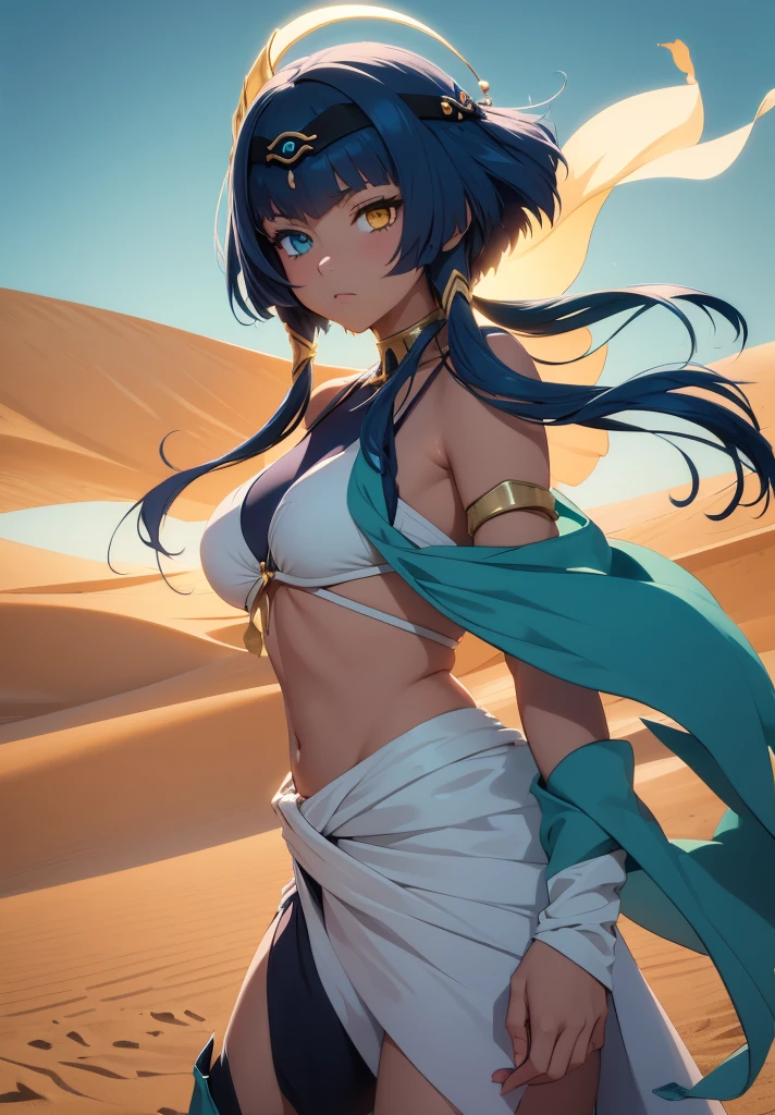 (High Detail:1.2) Anime Girl, (Cinematic Lighting, Delicate Colors), (Desert:1.2), Lighting Calm, Wind, Fog. Turquoise, delta tones.