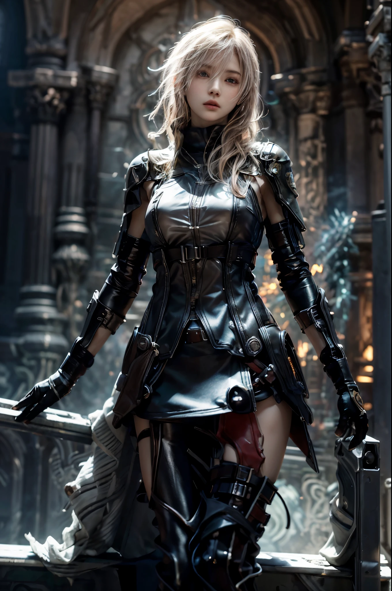 masterpiece, best quality, extremely detailed CG unity 8k wallpaper, Final Fantasy, Lightning, Cool woman, Black detailed cyberpunk long coat, black long skirt dress, The background is a realistic cityscape, Anatomical Hand, Realistic texture, Realistic skin texture, bokeh photography, (soft focus):1.2, out-of-focus highlights, dreamy ambiance, glowing circles, mesmerizing depth, Depth of subject