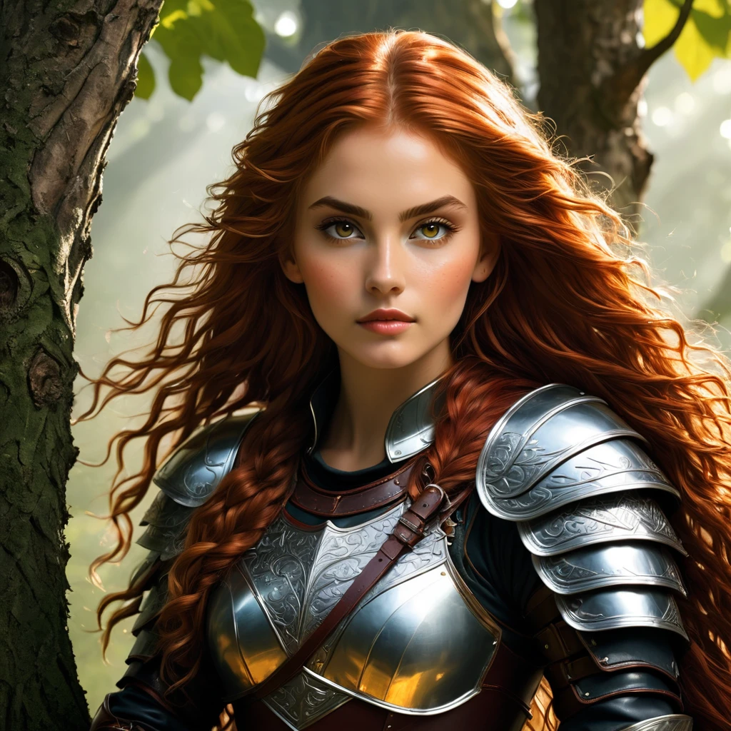 an image Nayane Laura Menequel XX weeks 13, a beautiful young woman with a friendly warrior appearance, detailed light honey eyes, long red hair, wearing leather armor sitting on a tree