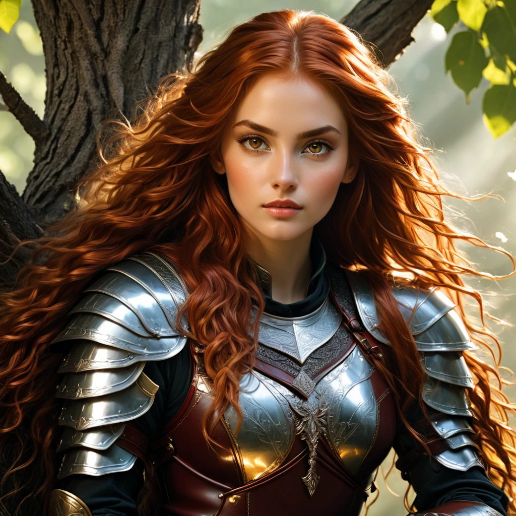 an image Nayane Laura Menequel XX weeks 13, a beautiful young woman with a friendly warrior appearance, detailed light honey eyes, long red hair, wearing leather armor sitting on a tree