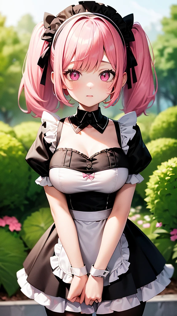 (Highest quality,High resolution,Very detailed,girl)black tights,Pink Hair,Twin tails and short hair,Height: 160cm,cute,Big Breasts,Pink Eyes,Wearing maid uniform,Her eyes are white and shining,Has bright white eyes,The chest is exposed,Has a shy look,