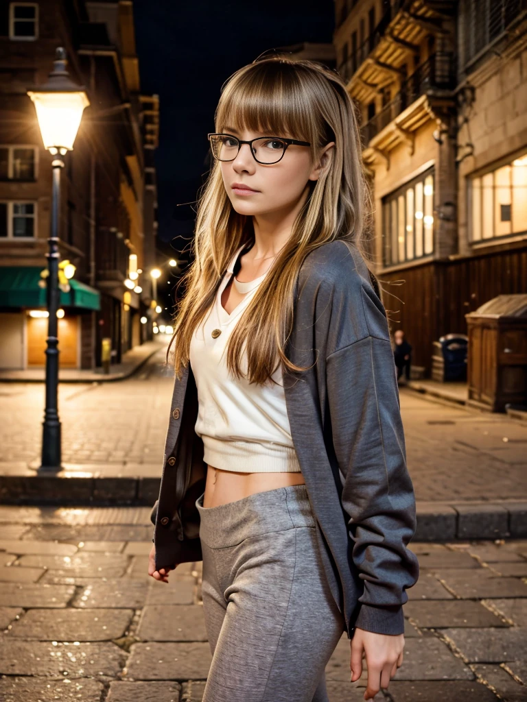  best quality, masterpiece, cinematic lighting, intricate, cinematic detailed realistic background, detailed face, full body, small breasts, realistic, ligne claire, , , 1girl jogging, cityscape, night, tied shirt, looking at viewer, tattoo, model pose, open cardigan, ringed yellow eyes, streetlight, lamppost, yoga pants, split-color hair, glasses,, ,  