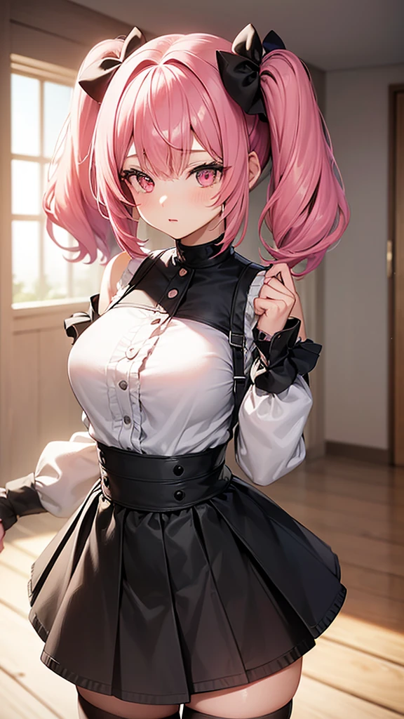 (Highest quality,High resolution,Very detailed,girl)black tights,Pink Hair,Twin tails and short hair,Height: 160cm,cute,Big Breasts,Pink Eyes,Wearing a black skirt,Her eyes are white and shining,Has bright white eyes,Has a shy look,I'm pulling up my skirt