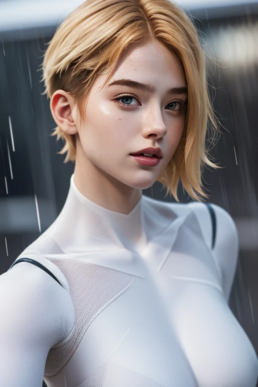 18 yo girl, white spider man suit, short blunt hair, blonde, beautiful face, rain, roof, masterpiece, intricate detail, perfect anatomy, redhead, photo realistic