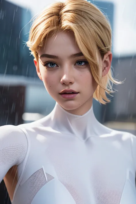 18 yo girl, white spider man suit, short blunt hair, blonde, beautiful face, rain, roof, masterpiece, intricate detail, perfect ...