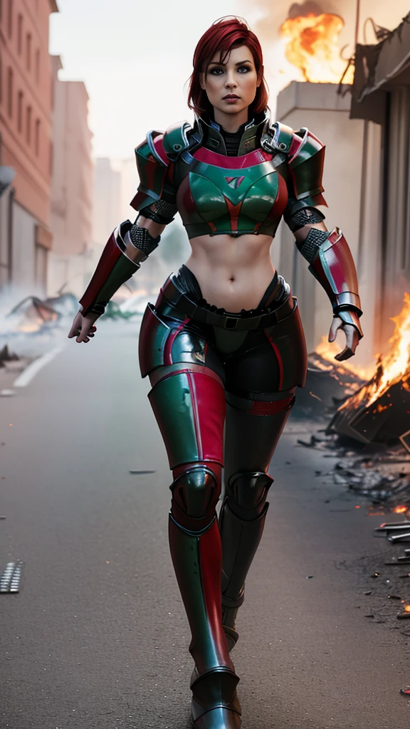 full body image of FemShep, damaged armor revealing midriff (damaged armor1:2),showing midriff, crimson red hair with undercut on one side, emerald green eyes, walking towards camera, view from slightly below, damaged armor revealing inner thighs (revealing inner thighs),determined expression, walking through burning war-torn city