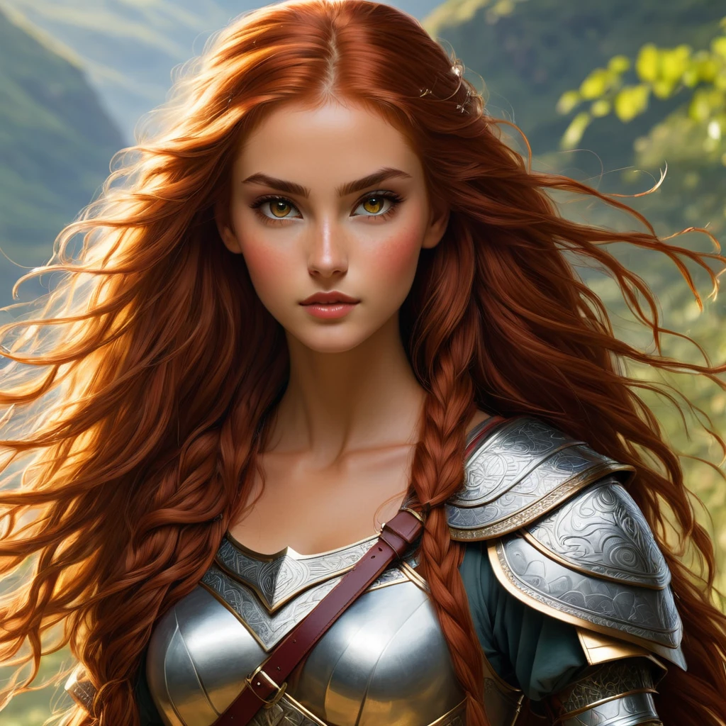 an image Nayane Laura Menequel XX weeks 13, a beautiful young woman with a friendly warrior appearance, detailed light honey eyes, long red hair, thin waist long legs