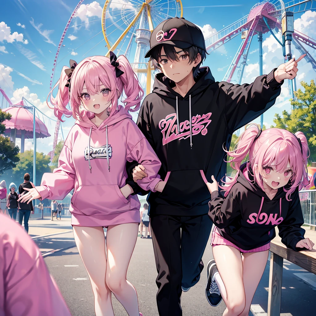 Two couples,((Running around at an amusement park,Matching hoodies,Black with pink points)) woman,pull a man&#39;s hand,Very smiling,running,Happy looking man,womanに引っ張られる,Male perspective love,Anime Style,Delicate expression,pop