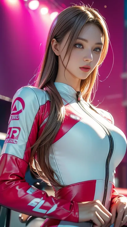 1 sister，wearing a tight pink and white racing suit，large target腿向你走来，hold the handlebars of your motorcycle，(riding a motorcycl...