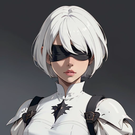 (masterpiece), (best quality),(portrait),(bust up),1girl,solo,(sharp focus),(look at viewer),bob cut,n_2b,blindfold, black blindfold, white hair,,ancient long clothes,(simple background),old school fantasy art,knight outfit