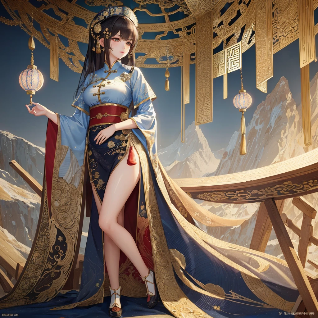 ((masterpiece)), ((best quality)), 8k, high detail, Super detailed, intricate details, illustration, fantasy, Surrealism, ((1 girl:1.2)), alone,solo, Describe the Chinese-style Jiang girl,  Jiang&#39;s girl clothing, (The imperial paper on the head), dressed in traditional garments, (night setting:1.2), (Ancient village ruins:1.1), (weird atmosphere), Chiang girl pose, (old charm:0.8), Detailed depiction of the Jiang girl in the Jiang pose, (Moonlight night), (mysterious mist), (traditional charm), (delicate eyes:1.1), (black hair), (pale skin), (red lips), balanced composition, lights under moonlight, Visual effects with eerie details, Maxon Cinema 4D，wilderness background,（（Big breasts））, Short hair. 1 girl. Asian girl. Black eyes. Glasses. Her hair is long with yellow and black highlights，wear glasses，black and yellow hair