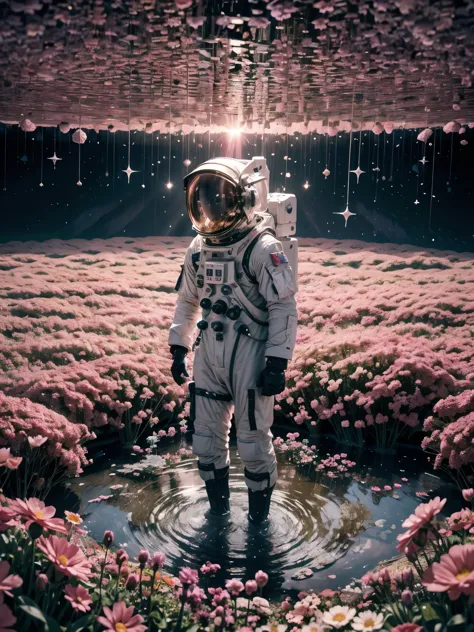 the astronaut walks in the sea of flowers dotted with pink clouds，the astronaut who is alone，the astronaut cannot leave this pla...