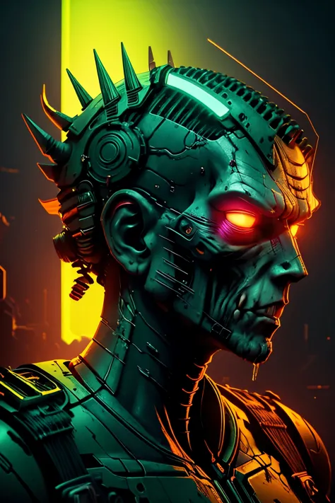 a profile of a  might zombieandroid with high tecnology, pastel tones of green, neon details, 8k, uhd, unreal engine