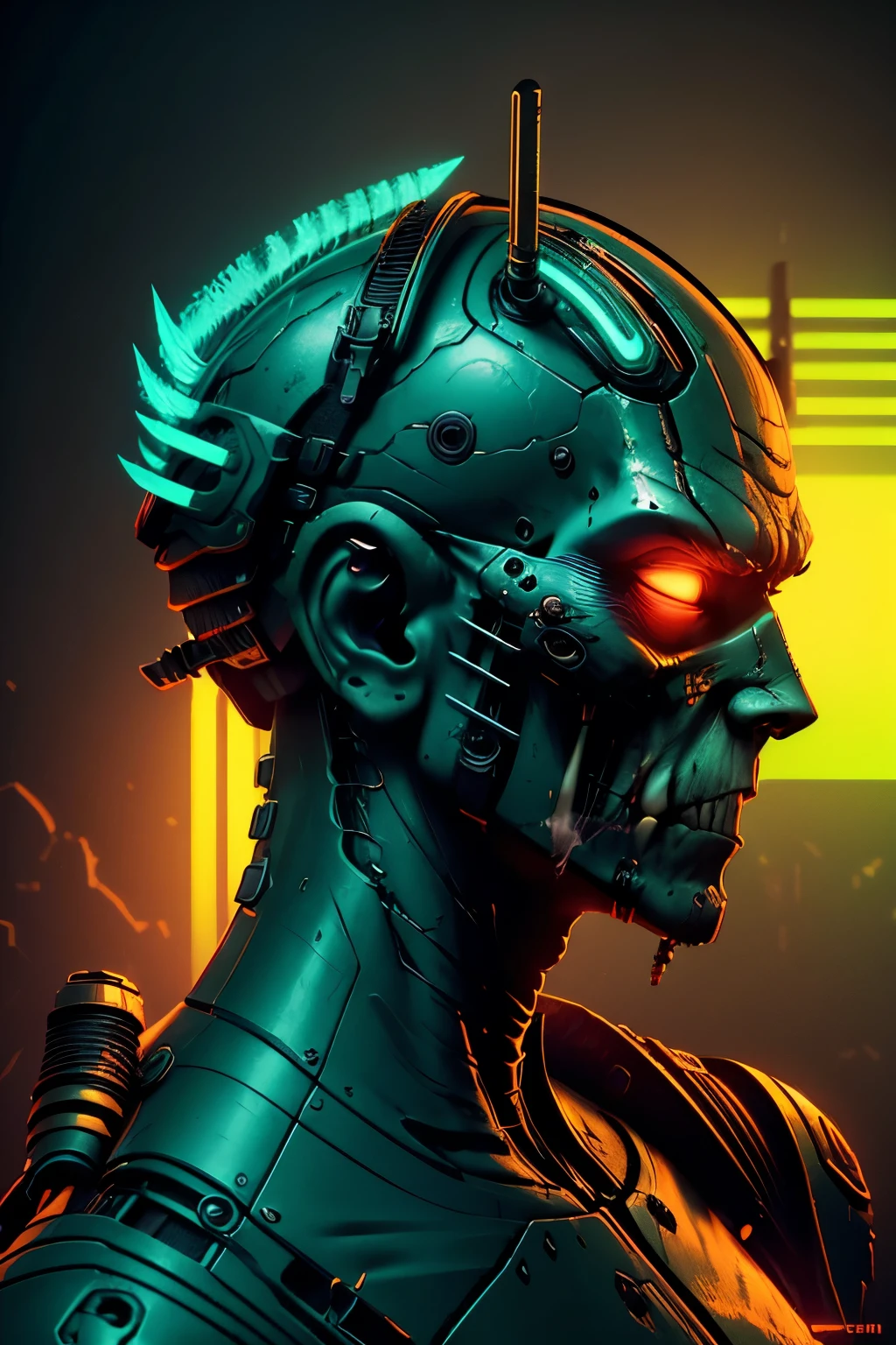 A PROFILE OF A  MIGHT ZOMBIEANDROID WITH HIGH TECNOLOGY, PASTEL TONES OF GREEN, NEON DETAILS, 8K, UHD, UNREAL ENGINE
