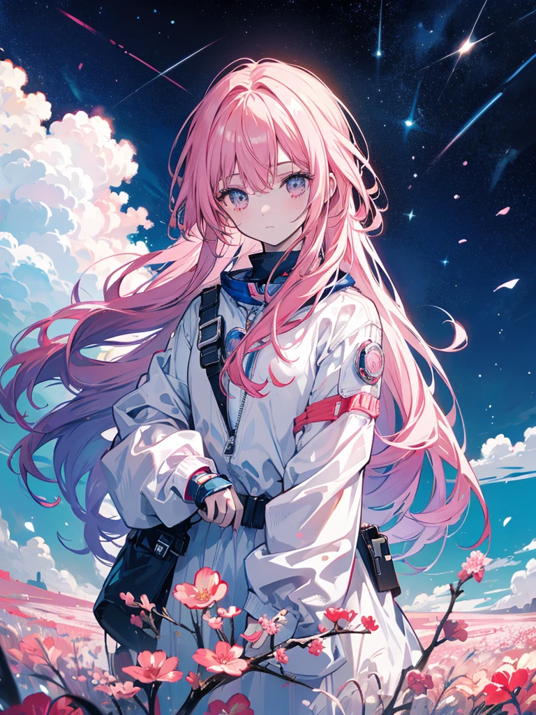 the astronaut walks in the sea of flowers dotted with pink clouds，The astronaut who is alone，The astronaut cannot leave this planet，The astronaut is lost in space without limits.