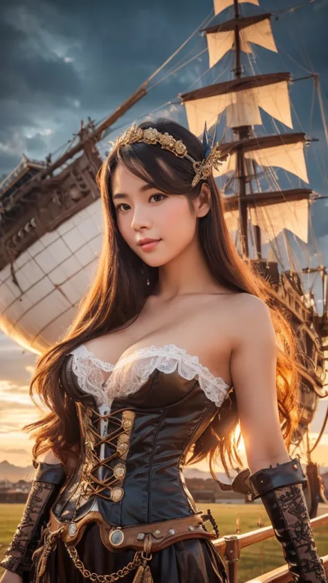 a beautiful young thai-japan idol girl in elaborate steampunk attire stands confidently with a vintage airship as a backdrop. sh...