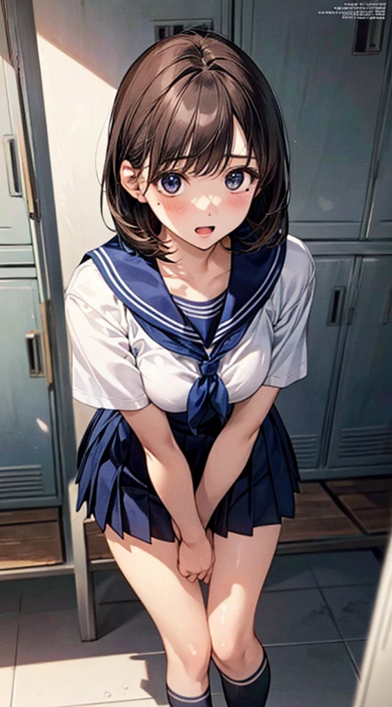 (((Perfect Anatomy, Anatomically correct, Very detailed肌))), 1 girl, Japanese, high School girl, Glowing Skin, Observe your audience, Rear view: 0.7, (Low - Angle:1.2), 
Beautiful Hair, Beautiful Face, Beautiful attention to detail, (short hair:1.1, Bobcut:1.2), Dark blonde hair:1, blue eyes, Baby Face, Mole under the eye, 
Beautiful clavicle, Beautiful body, Beautiful breasts, Large Breasts:0.5, Beautiful thighs, Beautiful feet, 
((Short sleeve, Cute sailor uniform, all in dark blue, Dark blue pleated skirt, Navy blue sailor color, Sailor scarf, socks, Brown Loafers)), Captivating thighs, (Red Slave Collar), 
((, surprised, , Open your mouth)), Are standing, ((Take off, Pulling on panties)), 
(Beautiful views), summer, School, locker room, 
8k, Highest quality, Masterpiece​:1.2, Very detailed), (Realistic), Beautiful illustrations, Natural light, ,