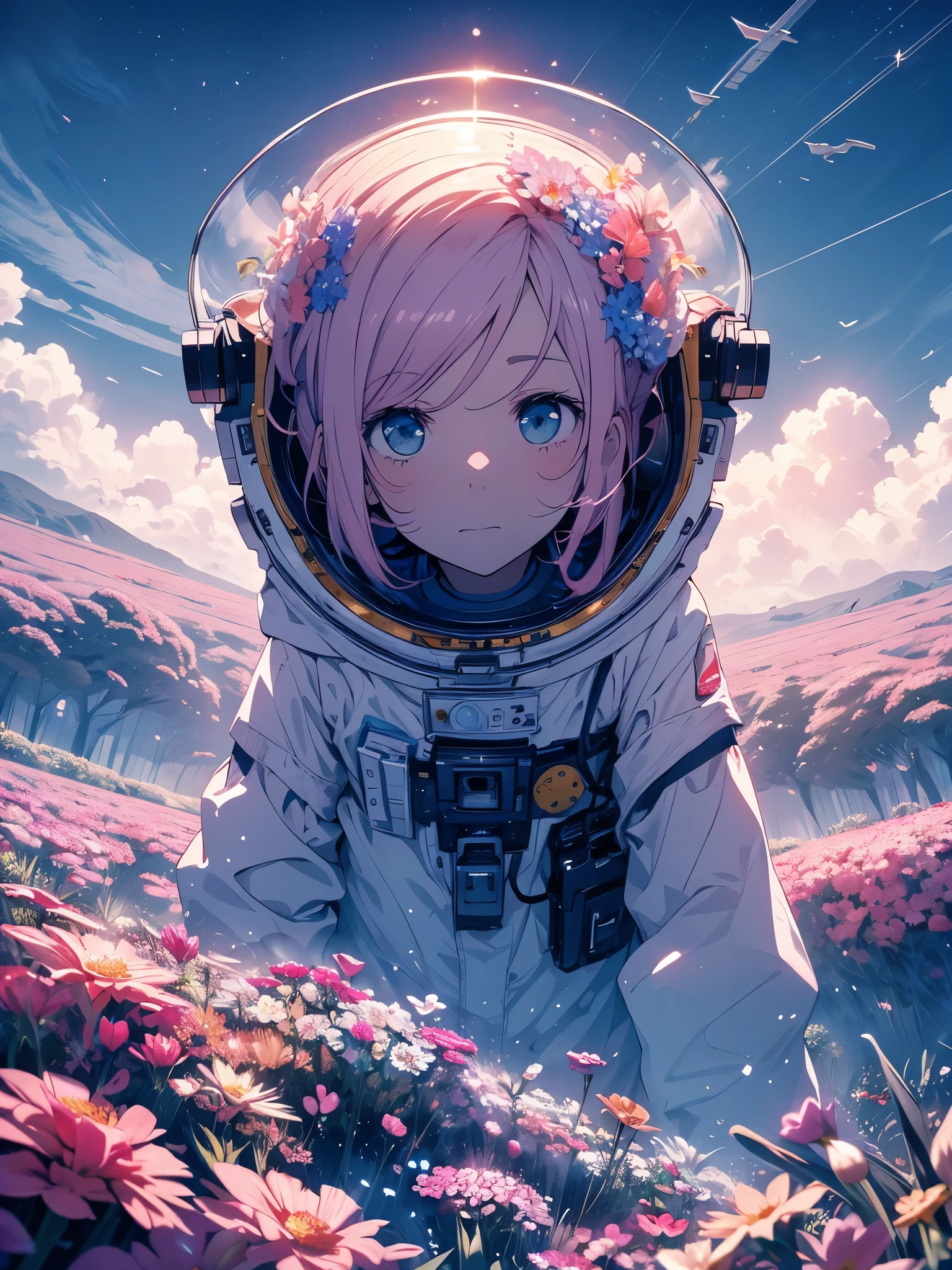 the astronaut walks in the sea of flowers dotted with pink clouds，The astronaut who is alone，The astronaut cannot leave this planet，The astronaut is lost in space without limits.