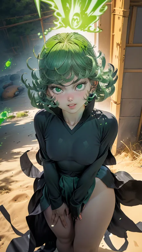 (work of art, best qualityer:1.4), (whole body), 1 girl, standing alone, out, in a desert with sand and dust, tatsumaki, (pelvic...