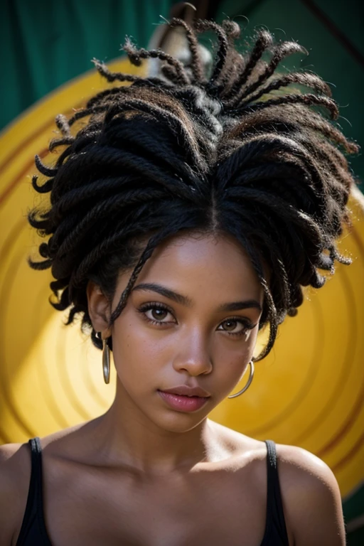 A vibrant, high-resolution photograph depicting a beautiful black Brazilian woman with black power style hair