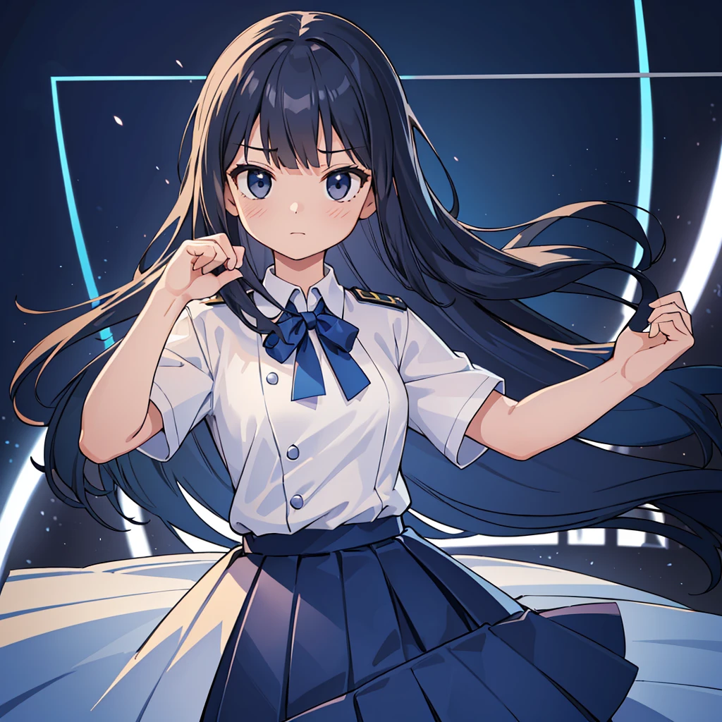 (Extremely detailed CG:1.2), (masterpiece:1.2), (best quality:1.2),,((absurd)),Looking at the audience,whole body, ,(1 Girl),Solitary,(Long hair),(Mataiyong uniform),(White short sleeve shirt),(navy_Blue pleated skirt),(Long skirt),Dynamic Angle,permanent,Dynamic poses,((Exquisite facial features)),, 