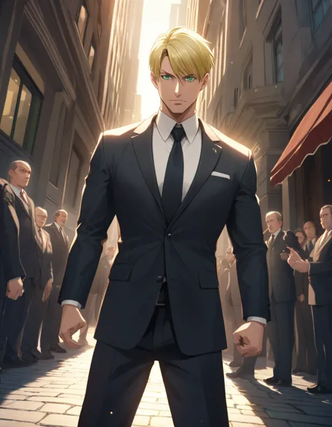 1man, vigorous secret service, handsome mature, business hair with asymmetrical bangs, goatee, green platina blond hair, emerald...