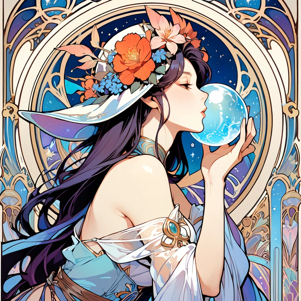 ((Alphonse Mucha's Art Style)), (From the side), Hold a moon the size of a crystal ball in both hands,8-head beauty kisses, sheこの月に恋をしている, 月はsheの信仰を受け入れたのか?, Gives off a wonderful shine, she,yes,Thessalian Witch