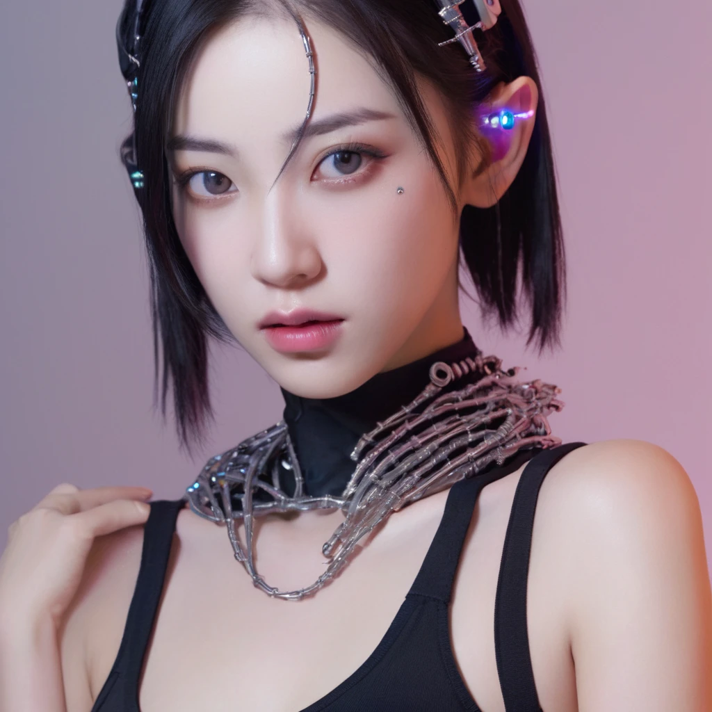 A stunning 4K photo-realistic image of a cyberpunk demi-human girl with an Asian face. Her visage is adorned with intricate machine implants, including a sleek silver visor that covers her eyes, revealing only a small slit for vision. These implants enable advanced sensory input and communication with her cybernetic systems.

Her skin is pale, with visible scars that tell a story of her past battles and a faint line where her flesh meets the cold metal of her implants. The seams are barely noticeable, indicating skilled integration between her organic and mechanical components.

Her hair is black, spiked up in an aggressive yet stylish manner. Small LED lights are integrated into the strands, flickering with various colors to match her mood. The hair is a statement piece, reflecting her rebellious spirit. The overall atmosphere of the image is captivating, photo, her body is embedded with mechanical implants under the skin, cyborg arms,  cyberware lines embedded in her face, , (Photorealsitic)、(intricate detailes:1.2)、(​masterpiece、:1.3)、beauty face, (top-quality:1.4)、(超A high resolution:1.2)、超A high resolution、(A detailed eye)、(detailed facial features), ((Realistic lighting、top-quality、8K、natural light, ​masterpiece:1.3))、bright photo, Clear focus:1.2、1girl in、flawless beauty:1.4、Superfine Face、big Narrow-eyed、double eyelid、photos realistic, perfect eyes, perfect skin, detailed skin, detailed face, looking viewer, front view, potrait, raw photo, simple soft pink background, (intricate detailed skin textured:1.4) front view, looking viewer, clear face, 1 girl、porate、Bright and very beautiful face、beautiful girl, A stunning close-up portrait showcasing the beauty of a Korean model. The composition features soft, natural lighting , bright eyes, and striking cheekbones.