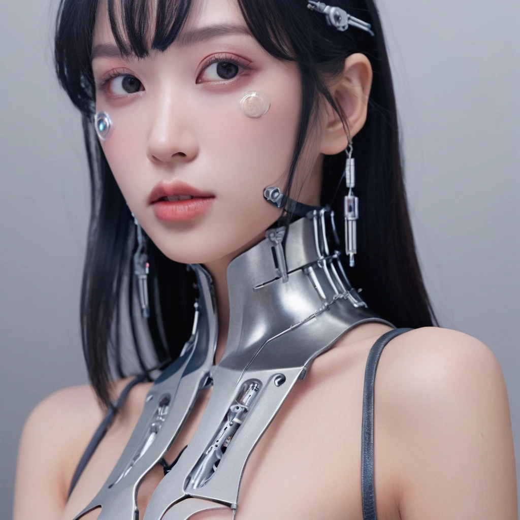 A stunning 4K photo-realistic image of a cyberpunk demi-human girl with an Asian face. Her visage is adorned with intricate machine implants, including a sleek silver visor that covers her eyes, revealing only a small slit for vision. These implants enable advanced sensory input and communication with her cybernetic systems.

Her skin is pale, with visible scars that tell a story of her past battles and a faint line where her flesh meets the cold metal of her implants. The seams are barely noticeable, indicating skilled integration between her organic and mechanical components.

Her hair is black, spiked up in an aggressive yet stylish manner. Small LED lights are integrated into the strands, flickering with various colors to match her mood. The hair is a statement piece, reflecting her rebellious spirit. The overall atmosphere of the image is captivating, photo, her body is embedded with mechanical implants under the skin, cyborg arms,  cyberware lines embedded in her face, , (Photorealsitic)、(intricate detailes:1.2)、(​masterpiece、:1.3)、beauty face, (top-quality:1.4)、(超A high resolution:1.2)、超A high resolution、(A detailed eye)、(detailed facial features), ((Realistic lighting、top-quality、8K、natural light, ​masterpiece:1.3))、bright photo, Clear focus:1.2、1girl in、flawless beauty:1.4、Superfine Face、big Narrow-eyed、double eyelid、photos realistic, perfect eyes, perfect skin, detailed skin, detailed face, looking viewer, front view, potrait, raw photo, simple soft pink background, (intricate detailed skin textured:1.4) front view, looking viewer, clear face, 1 girl、porate、Bright and very beautiful face、beautiful girl, A stunning close-up portrait showcasing the beauty of a Korean model. The composition features soft, natural lighting , bright eyes, and striking cheekbones.