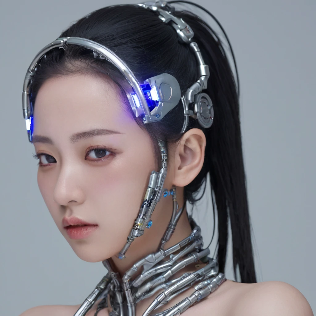 A stunning 4K photo-realistic image of a cyberpunk demi-human girl with an Asian face. Her visage is adorned with intricate machine implants, including a sleek silver visor that covers her eyes, revealing only a small slit for vision. These implants enable advanced sensory input and communication with her cybernetic systems.

Her skin is pale, with visible scars that tell a story of her past battles and a faint line where her flesh meets the cold metal of her implants. The seams are barely noticeable, indicating skilled integration between her organic and mechanical components.

Her hair is black, spiked up in an aggressive yet stylish manner. Small LED lights are integrated into the strands, flickering with various colors to match her mood. The hair is a statement piece, reflecting her rebellious spirit. The overall atmosphere of the image is captivating, photo, her body is embedded with mechanical implants under the skin, cyborg arms,  cyberware lines embedded in her face, , (Photorealsitic)、(intricate detailes:1.2)、(​masterpiece、:1.3)、beauty face, (top-quality:1.4)、(超A high resolution:1.2)、超A high resolution、(A detailed eye)、(detailed facial features), ((Realistic lighting、top-quality、8K、natural light, ​masterpiece:1.3))、bright photo, Clear focus:1.2、1girl in、flawless beauty:1.4、Superfine Face、big Narrow-eyed、double eyelid、photos realistic, perfect eyes, perfect skin, detailed skin, detailed face, looking viewer, front view, potrait, raw photo, simple soft pink background, (intricate detailed skin textured:1.4) front view, looking viewer, clear face, 1 girl、porate、Bright and very beautiful face、beautiful girl, A stunning close-up portrait showcasing the beauty of a Korean model. The composition features soft, natural lighting , bright eyes, and striking cheekbones.