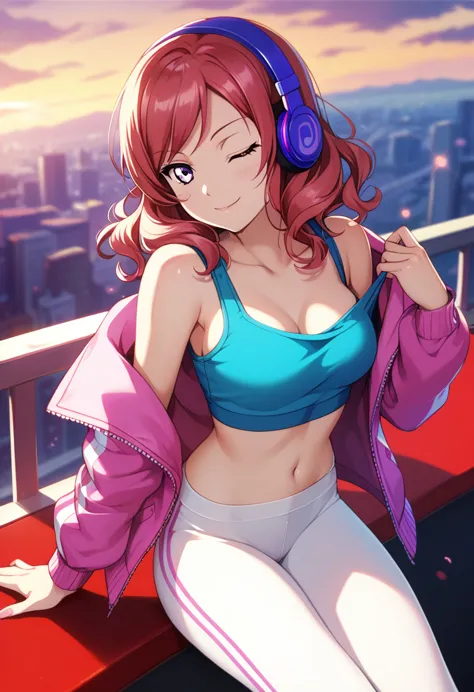 masterpiece, best quality, purple eyes. nishikino maki, (red medium hair:0.966), romantic , wavy hair,low white leggings,sky blu...